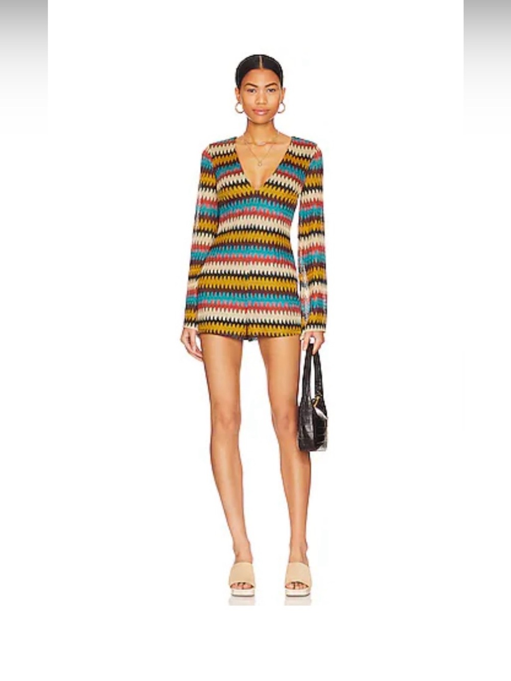 House of Harlow Revolve Romper Zig Zag Chevron Bell Sleeve Boho Retro Eclectic